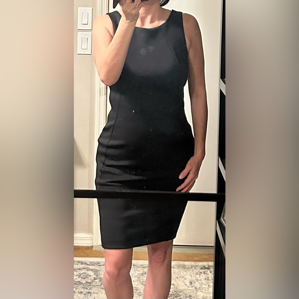 Calvin Klein Classic LBD Sleeveless Sheath Dress with Criss-Cross Open Back